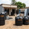 Water tanks for sale at a supplier's yard in Kenya
