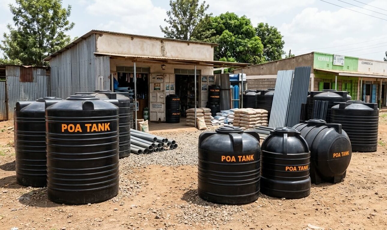 Water tanks for sale at a supplier's yard in Kenya