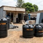 Water tanks for sale at a supplier's yard in Kenya