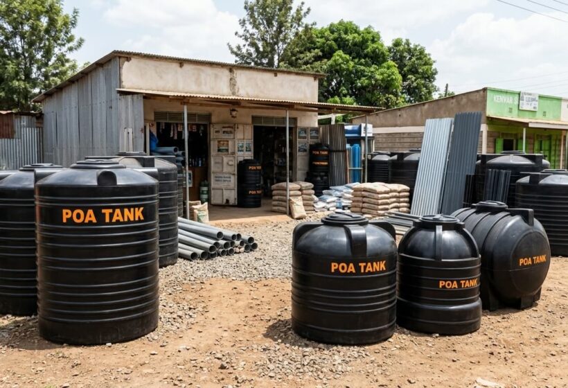 Water tanks for sale at a supplier's yard in Kenya
