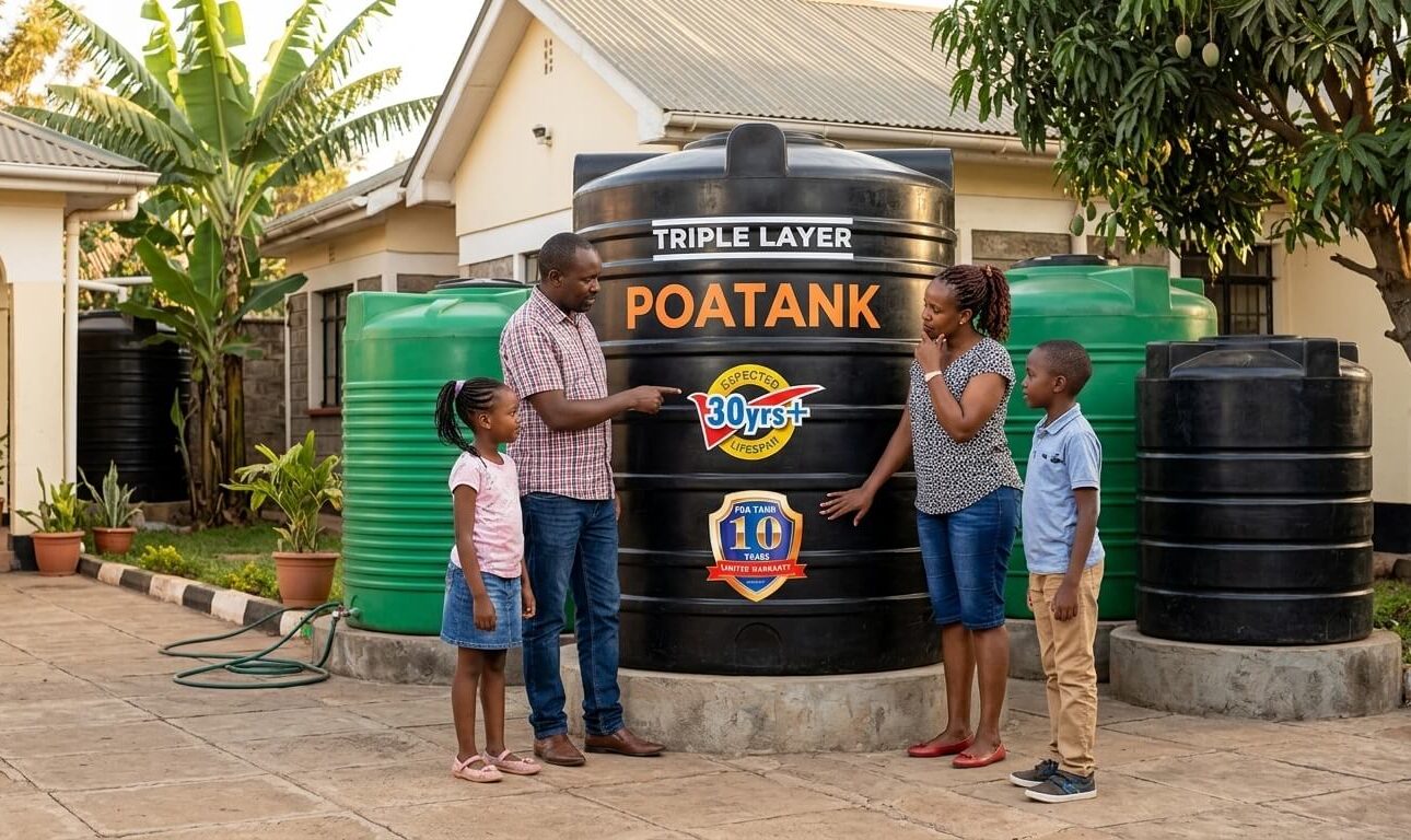 Family comparing water tanks to choose the best option for their Kenyan home