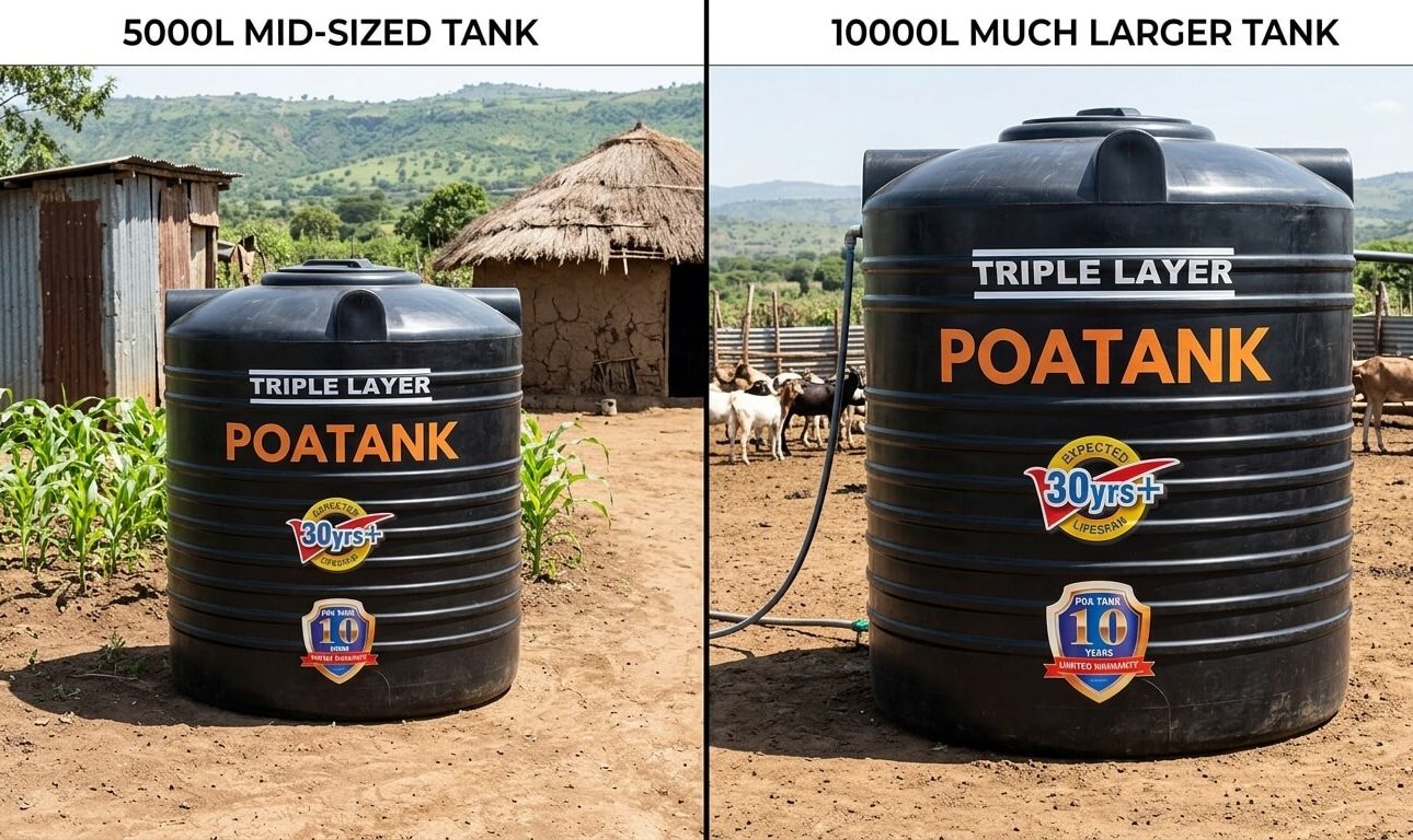 5000 litre and 10000 litre water tanks compared for household and farm use in Kenya