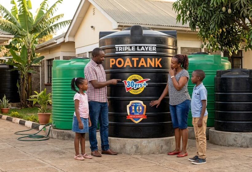 Family comparing water tanks to choose the best option for their Kenyan home