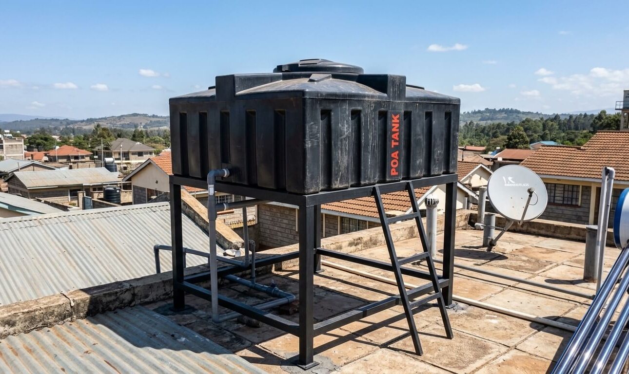 Loft tank mounted on a rooftop stand at a home in Kenya