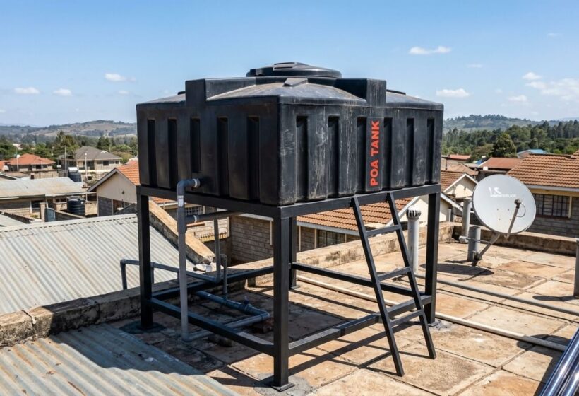 Loft tank mounted on a rooftop stand at a home in Kenya
