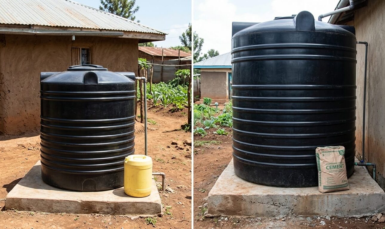1000 litre and 3000 litre water tanks compared side by side in Kenya