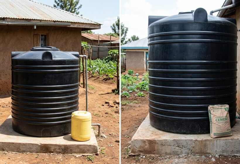1000 litre and 3000 litre water tanks compared side by side in Kenya