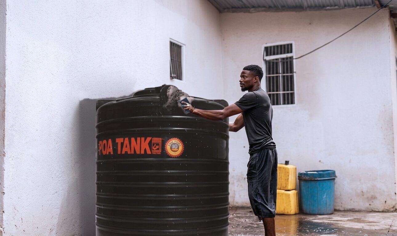 Cylindrical water tank Kenya on concrete base outside home