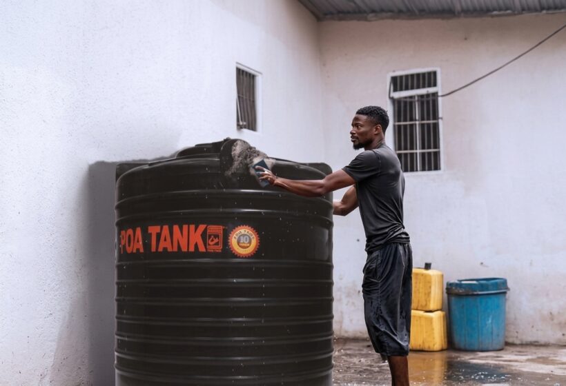 Cylindrical water tank Kenya on concrete base outside home