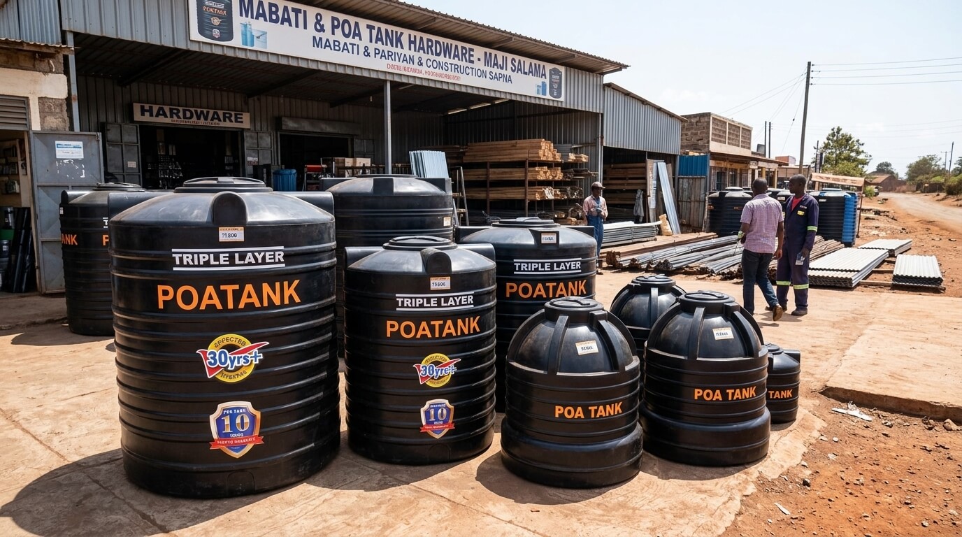 Water tanks for sale displayed at a Kenyan supplier's outlet