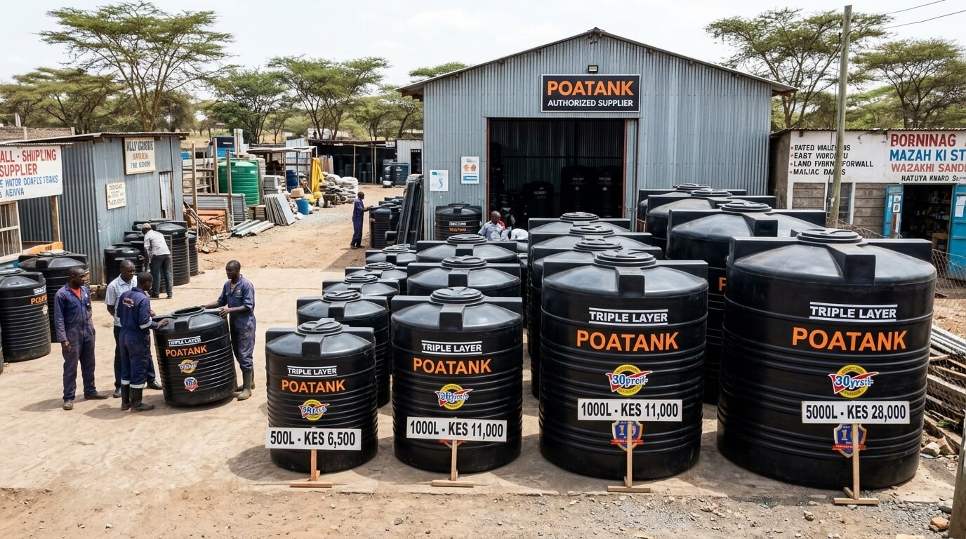 Water tank price list displayed at a Kenyan supplier yard