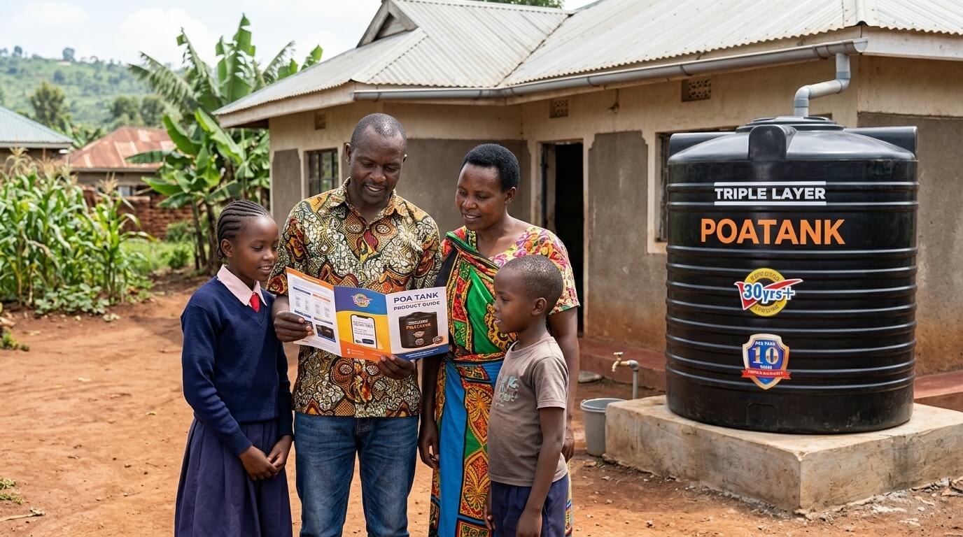 Family choosing the best water tank for their home in Kenya