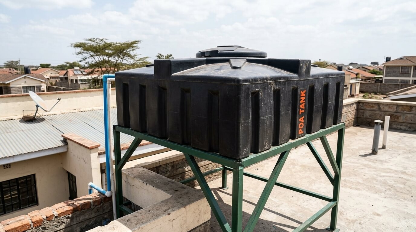 Loft tank installed on a raised stand at a Kenyan home