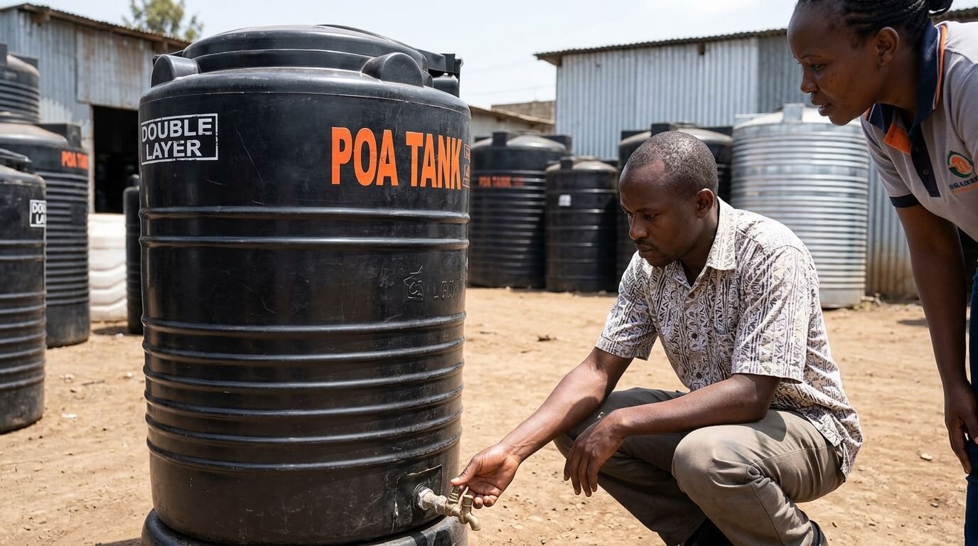 Customer inspecting a water tank for sale before purchase in Kenya