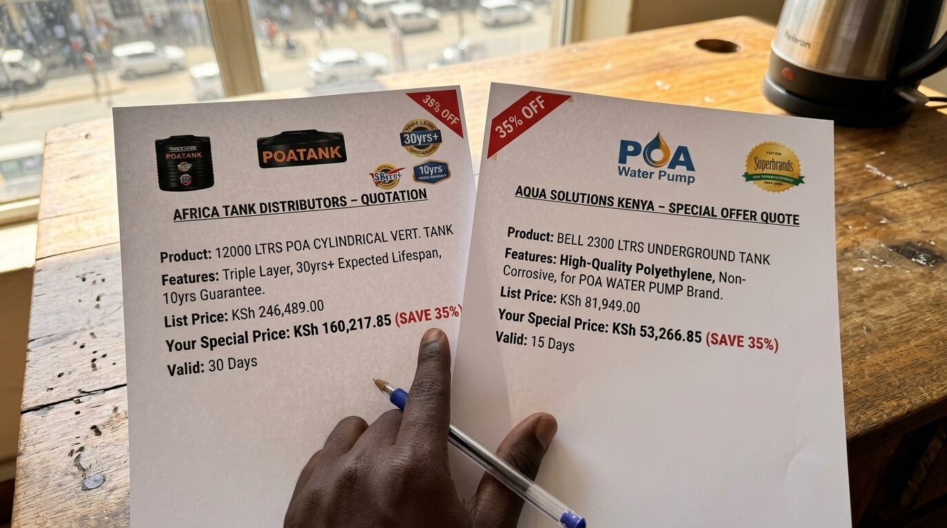 Two water tank price quotes being compared side by side in Kenya