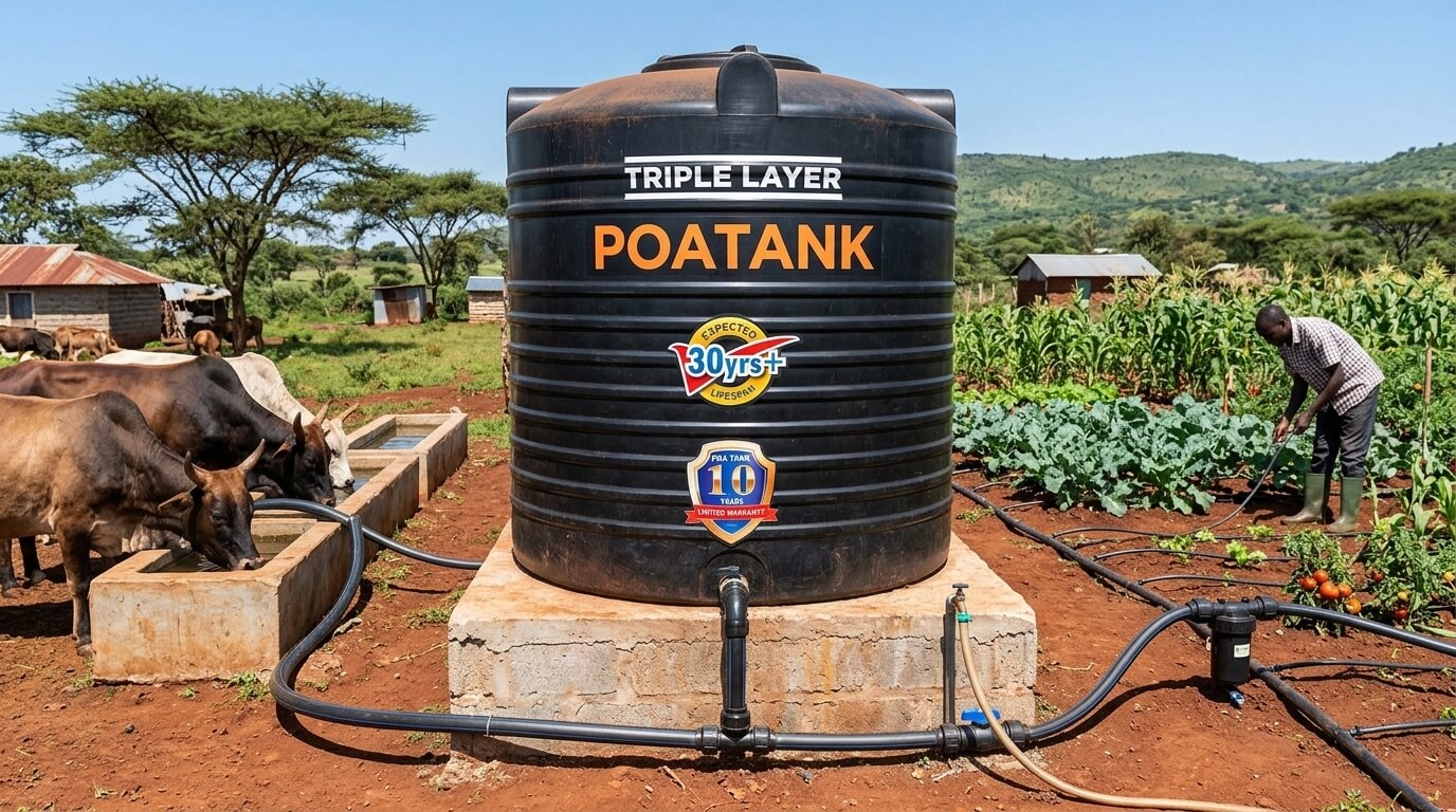 10000 litre water tank supporting a small farm in Kenya