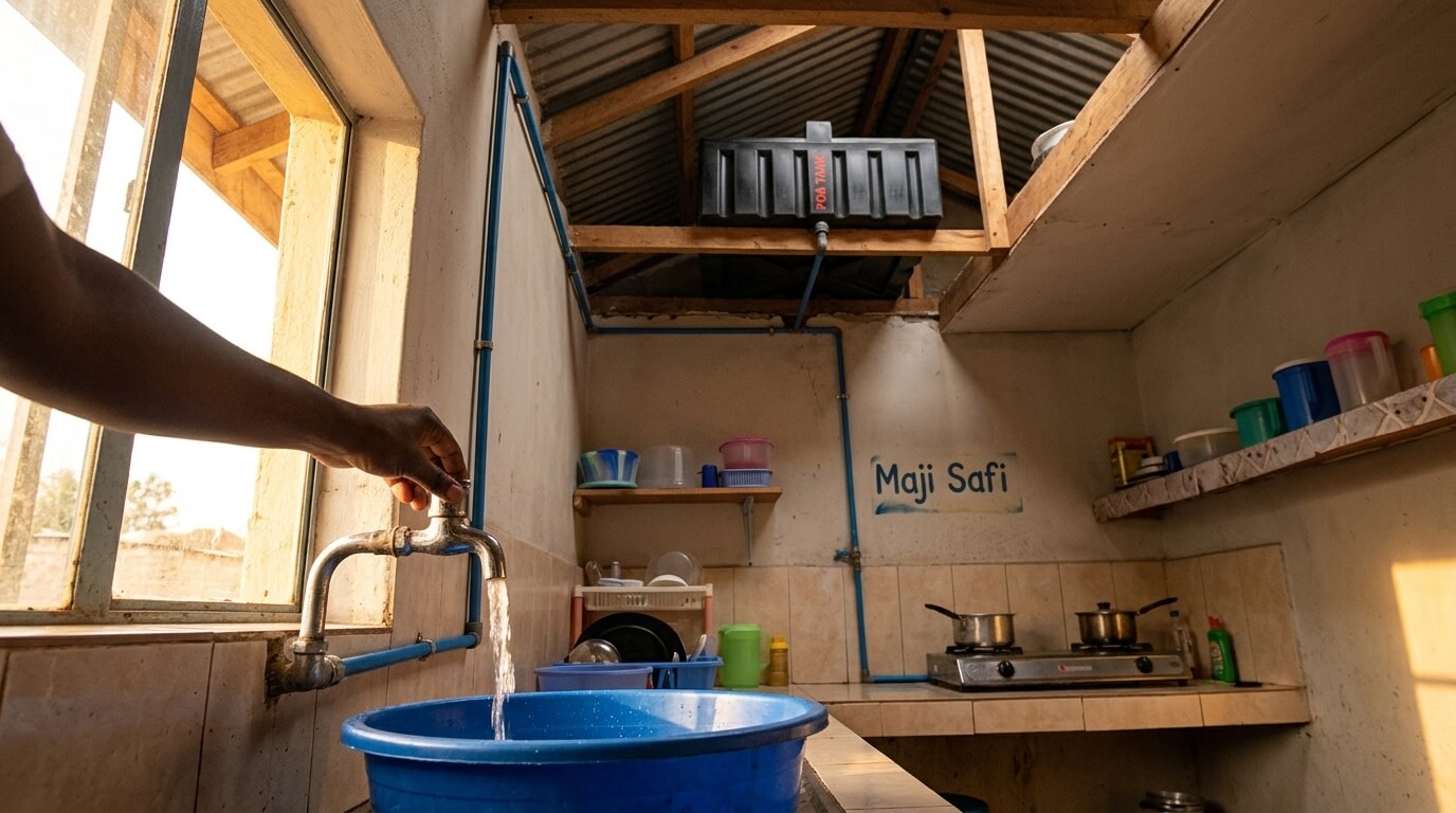 Water flowing from a gravity-fed loft tank installation in a Kenyan home