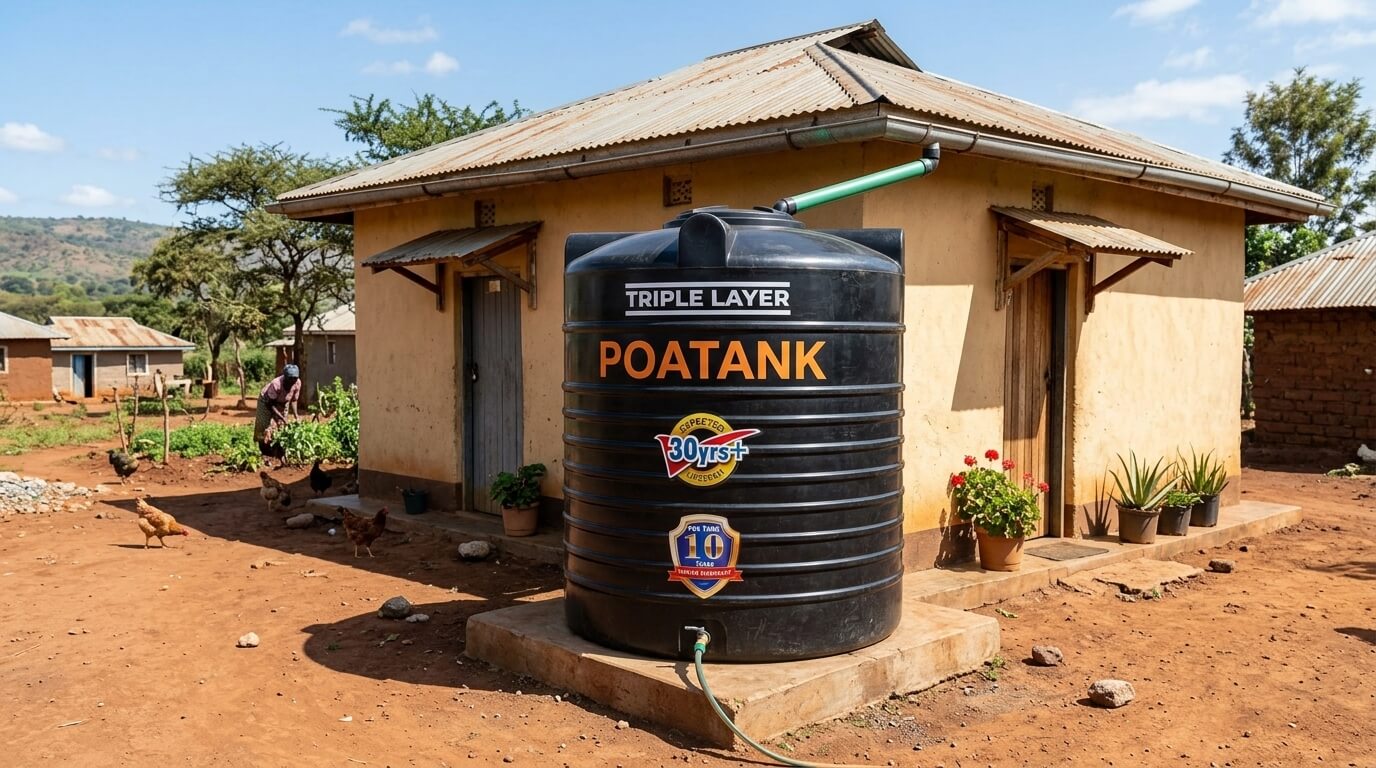 1000 litre water tank installed outside a small Kenyan home