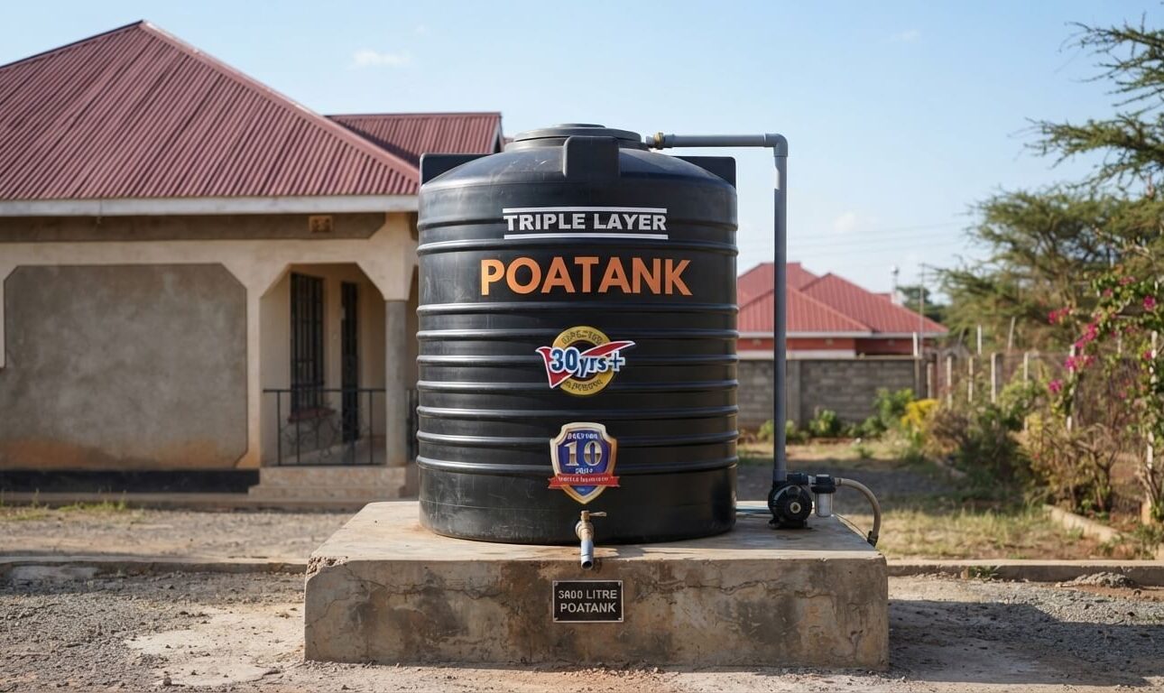 3000 litre Poa cylindrical water tank installed outside a Kenyan home