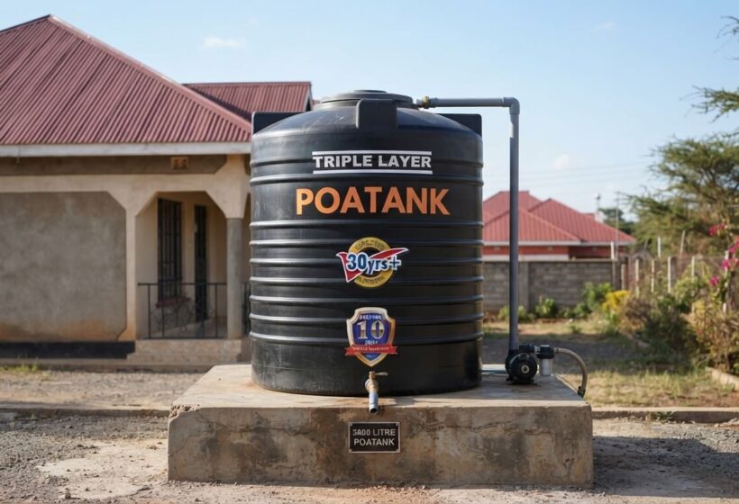 3000 litre Poa cylindrical water tank installed outside a Kenyan home