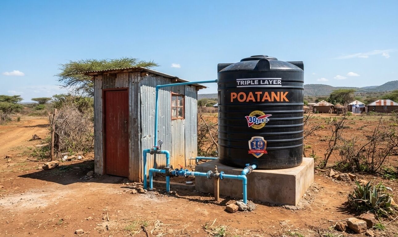 Borehole pump house next to a water storage tank at a Kenyan property