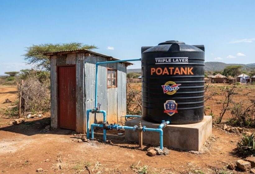 Borehole pump house next to a water storage tank at a Kenyan property