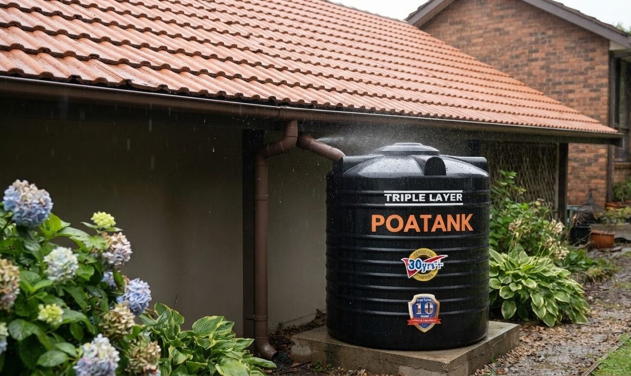 Rainwater harvesting setup with gutter and storage tank at a Kenyan home