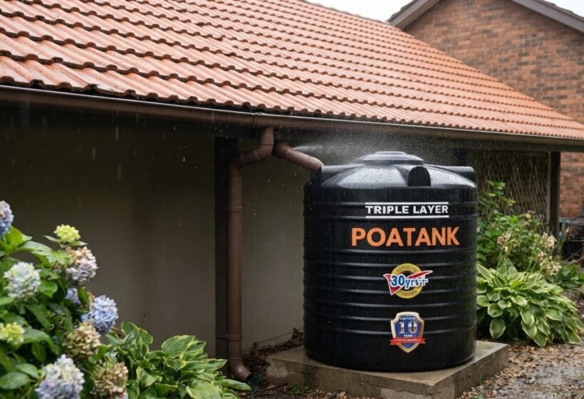 Rainwater harvesting setup with gutter and storage tank at a Kenyan home