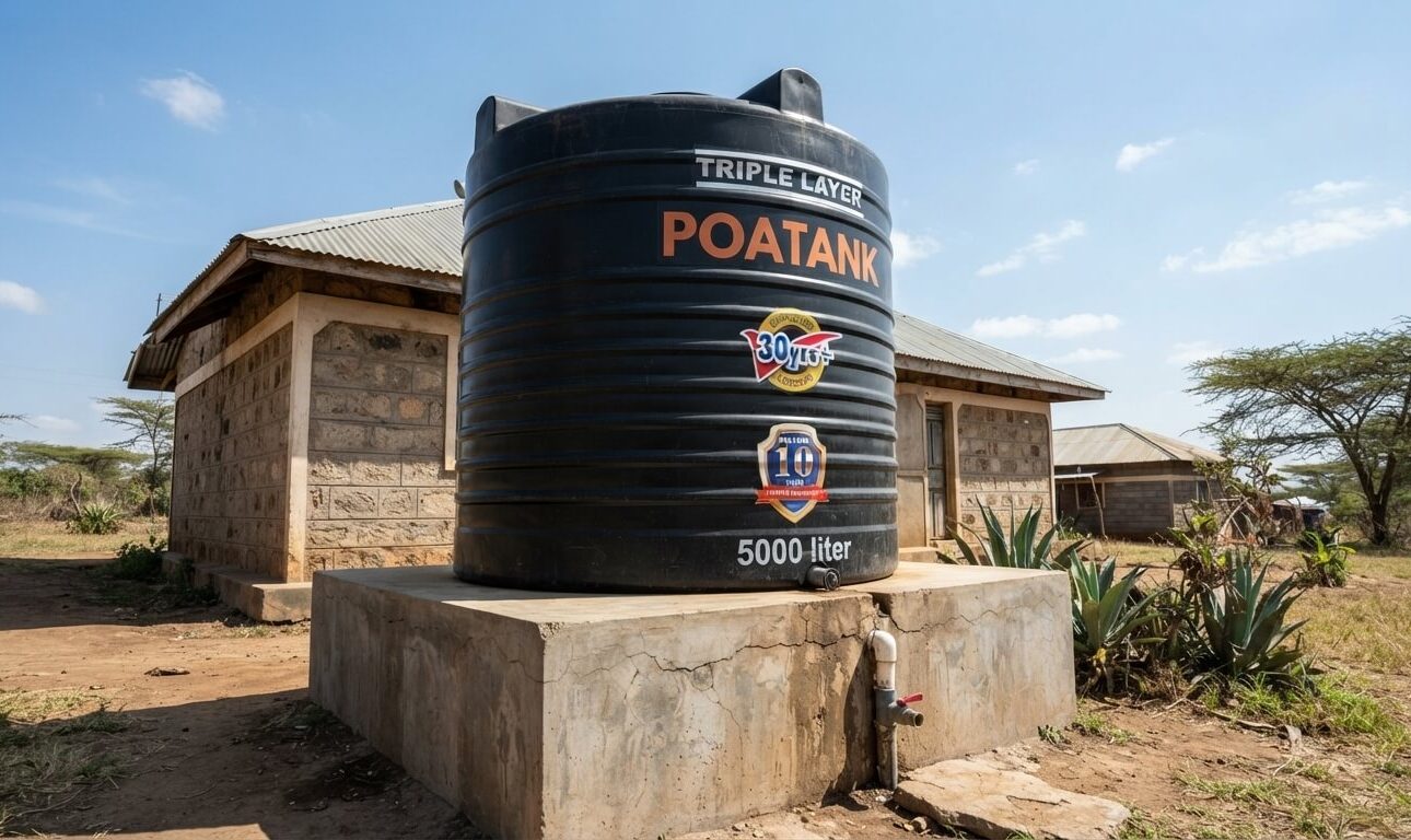 5000 litre Poa cylindrical water tank on a concrete base at a Kenyan home