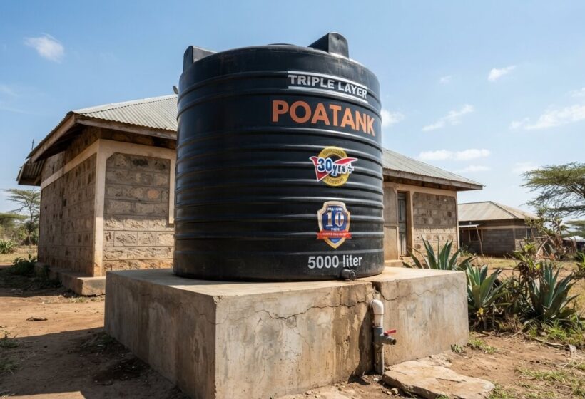 5000 litre Poa cylindrical water tank on a concrete base at a Kenyan home