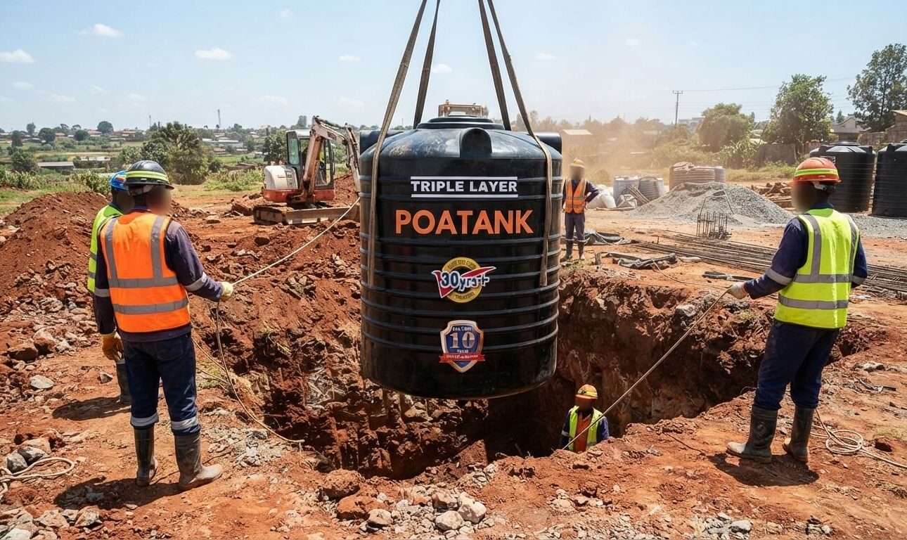 Underground BELL water tank being lowered into an excavated pit in Kenya