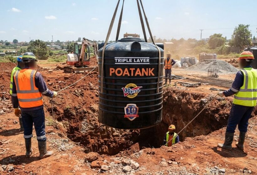 Underground BELL water tank being lowered into an excavated pit in Kenya