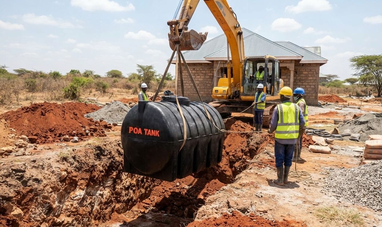 Horizontal septic tank being installed underground at a Kenyan home