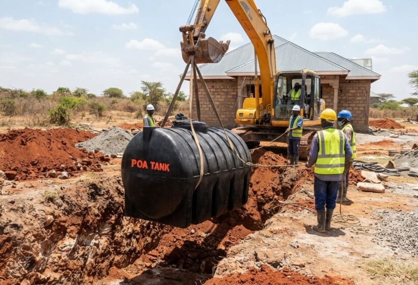 Horizontal septic tank being installed underground at a Kenyan home