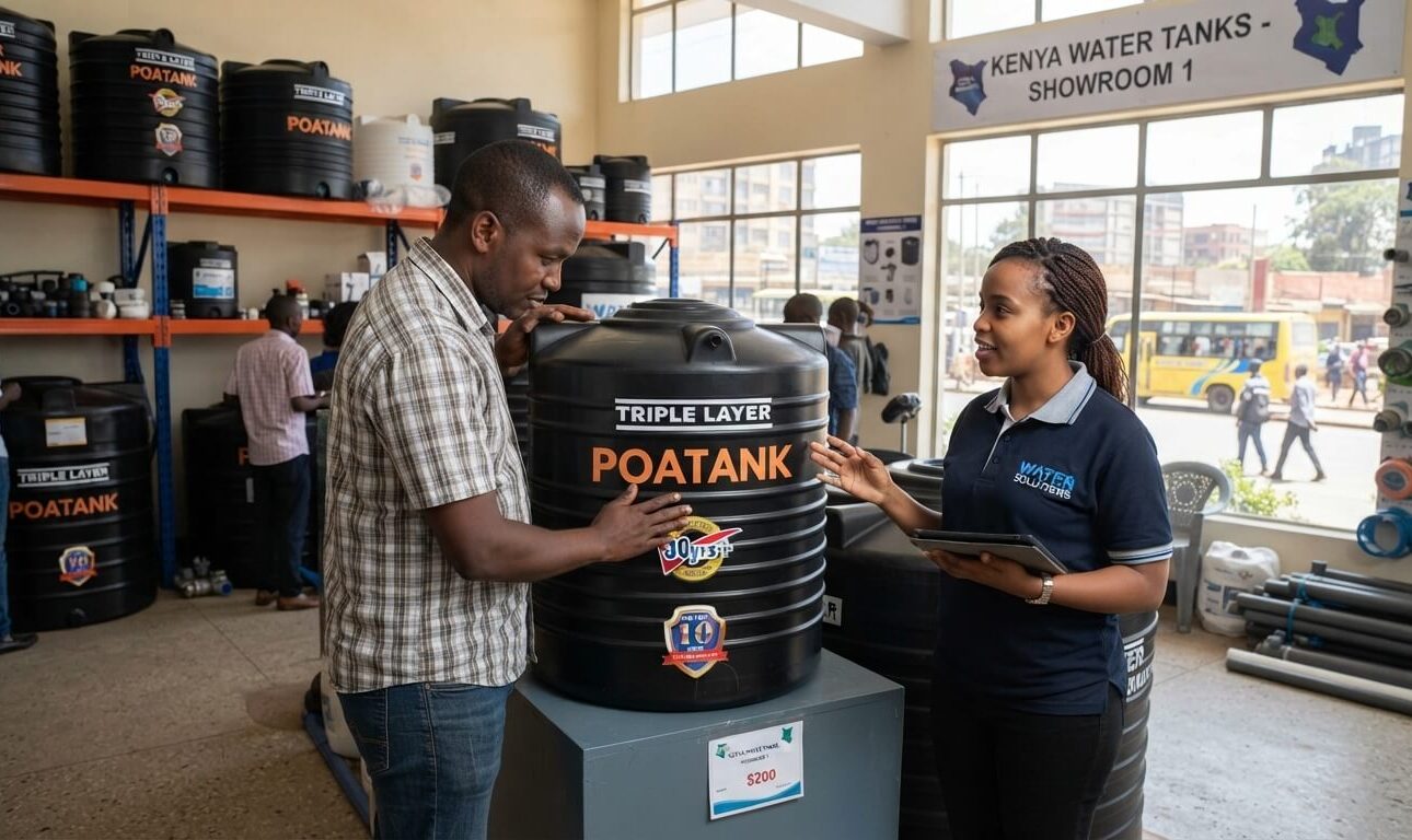 Customer collecting a genuine Poa water tank from an official Jumbo Quality branch
