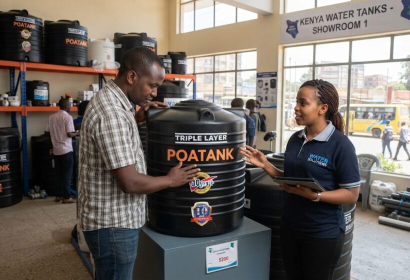 Customer collecting a genuine Poa water tank from an official Jumbo Quality branch