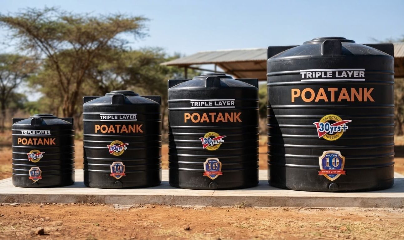 Range of different sized Poa water tanks displayed side by side in Kenya