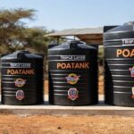 Range of different sized Poa water tanks displayed side by side in Kenya