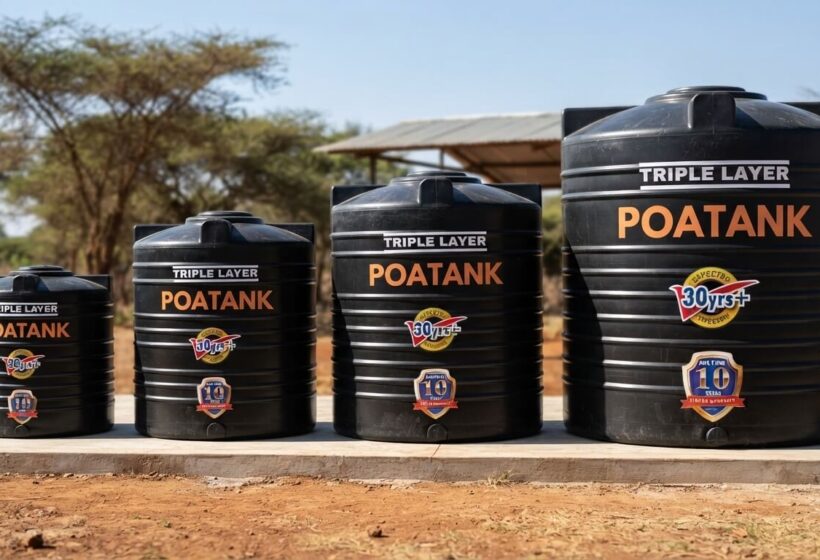 Range of different sized Poa water tanks displayed side by side in Kenya