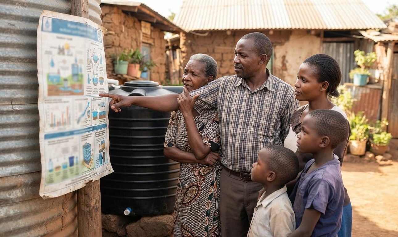 Kenyan family reviewing water usage to choose the right tank size