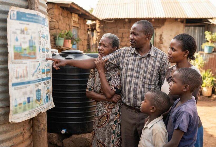 Kenyan family reviewing water usage to choose the right tank size