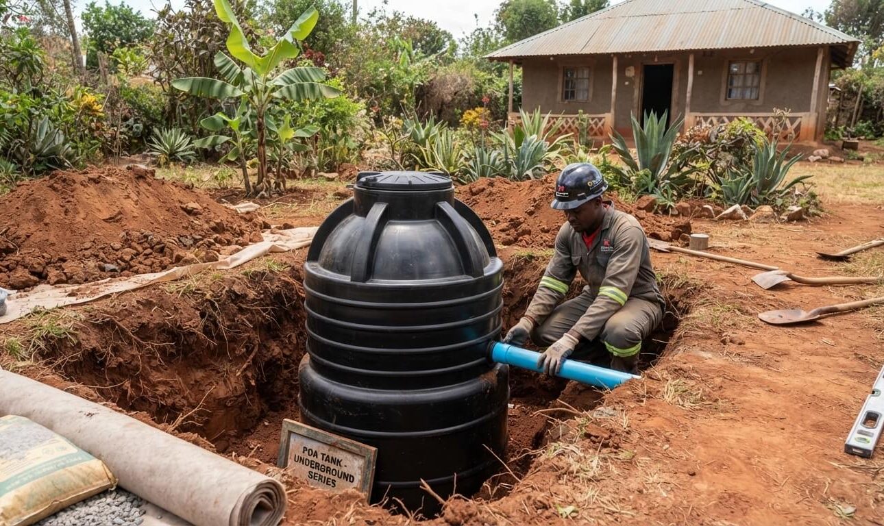 Underground water tank installation in progress at a Kenyan property