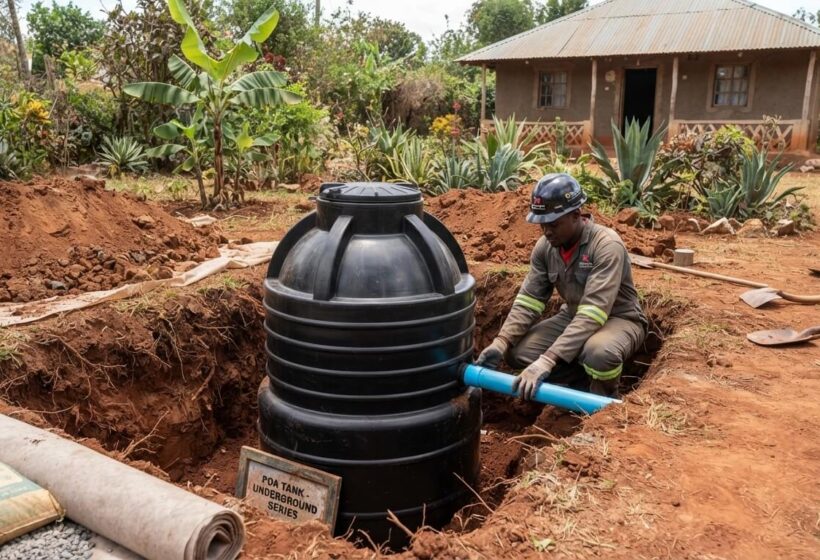 Underground water tank installation in progress at a Kenyan property