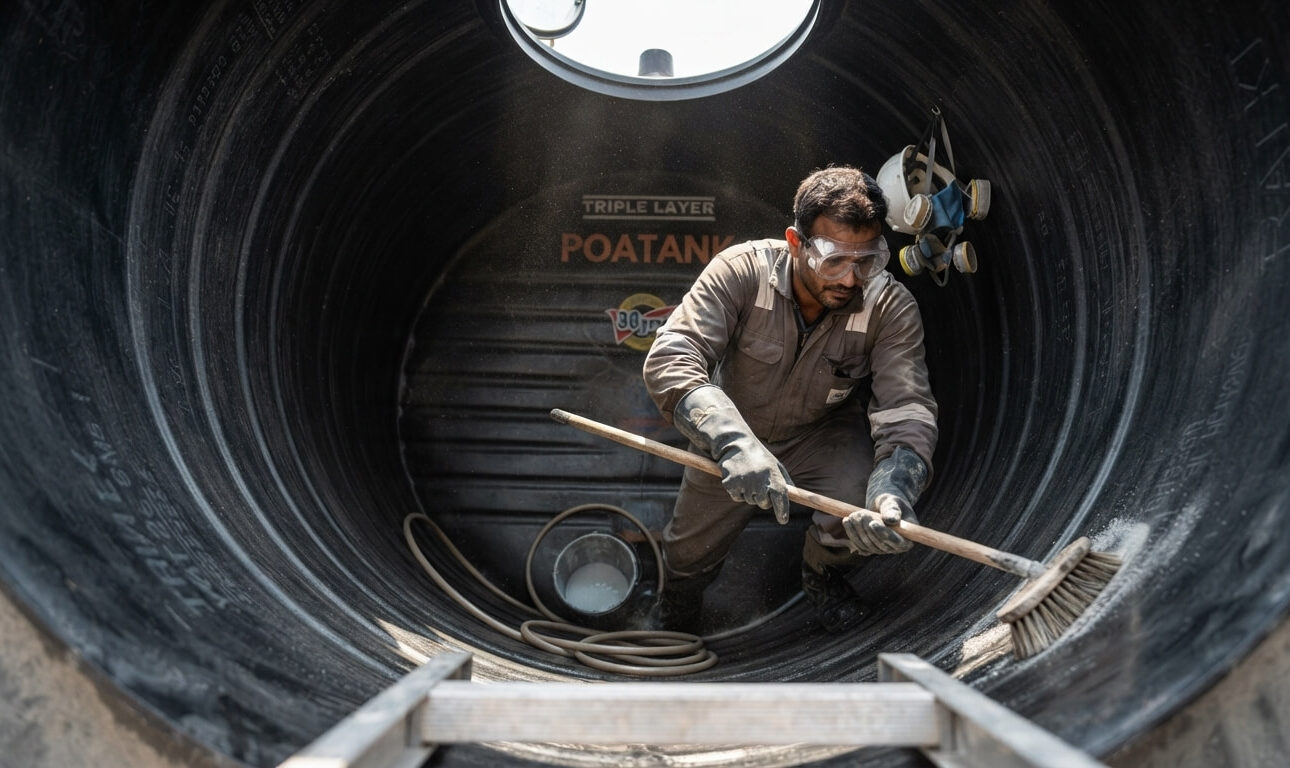 Person cleaning the interior of a water tank in Kenya