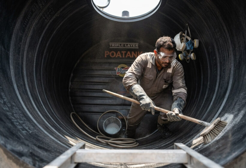 Person cleaning the interior of a water tank in Kenya