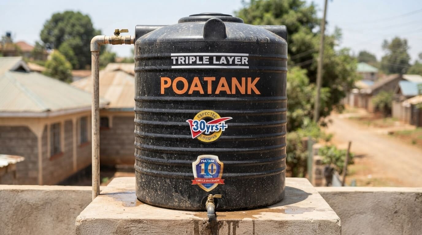 3000 litre cylindrical water tank on a concrete stand outside a Nairobi home