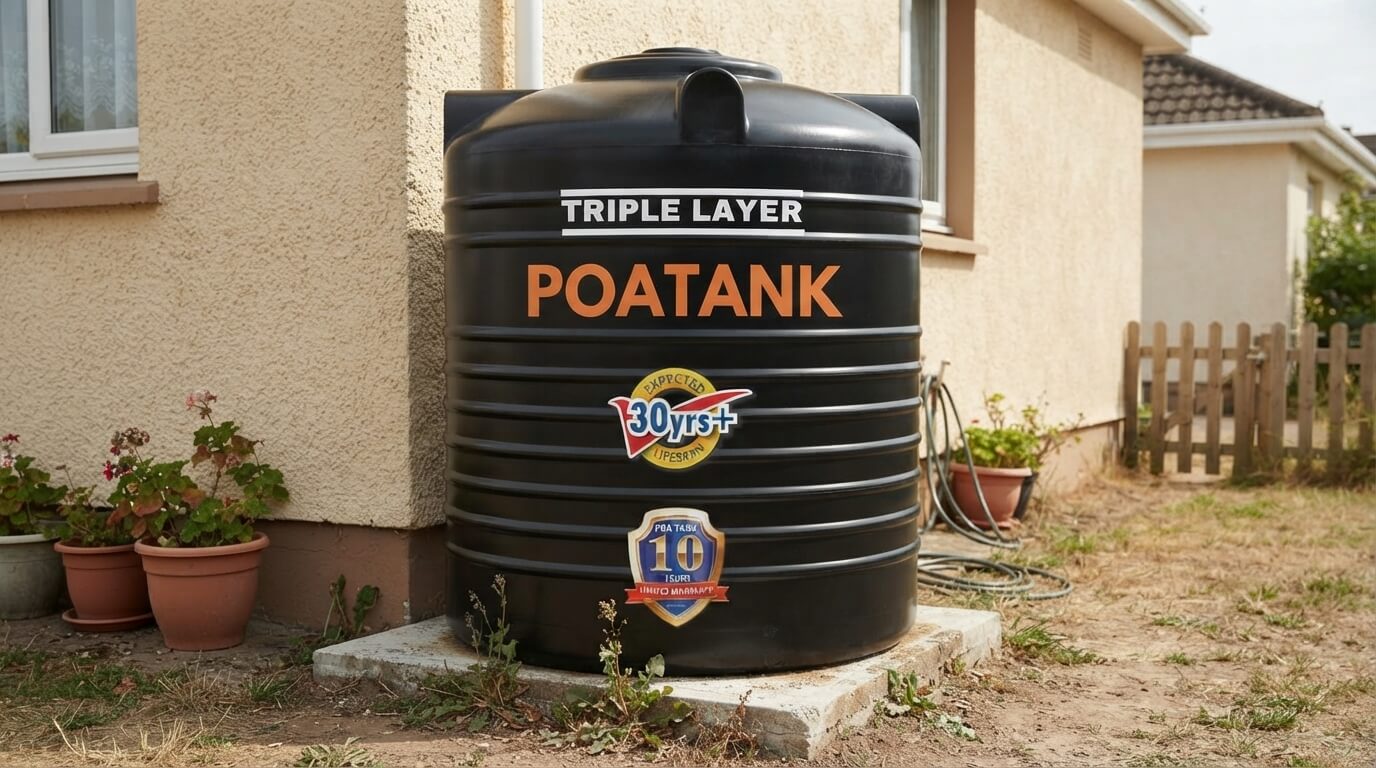 Tall vertical cylindrical water tank installed at a Kenyan home