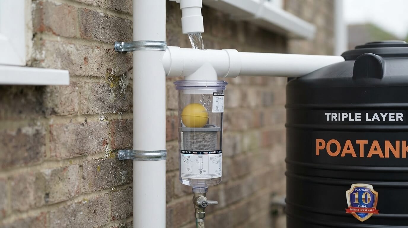 First-flush diverter fitted to a rainwater harvesting downpipe