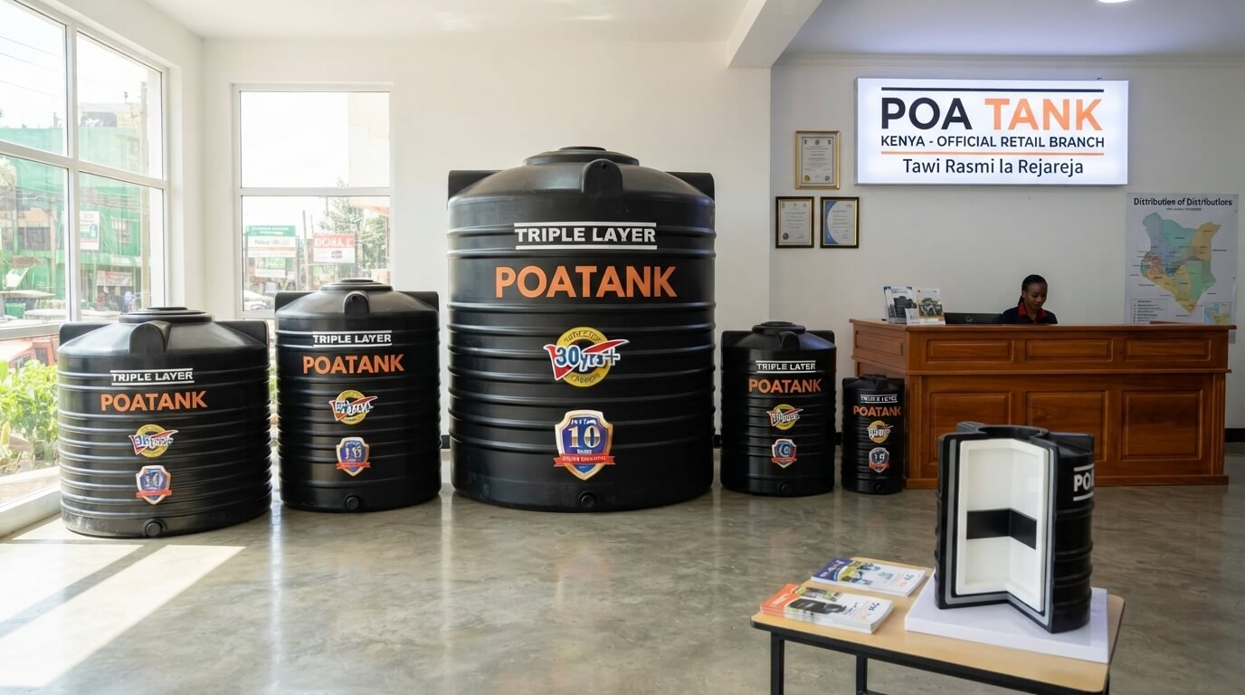 Shelf of genuine Poa water tanks at an official Jumbo Quality branch