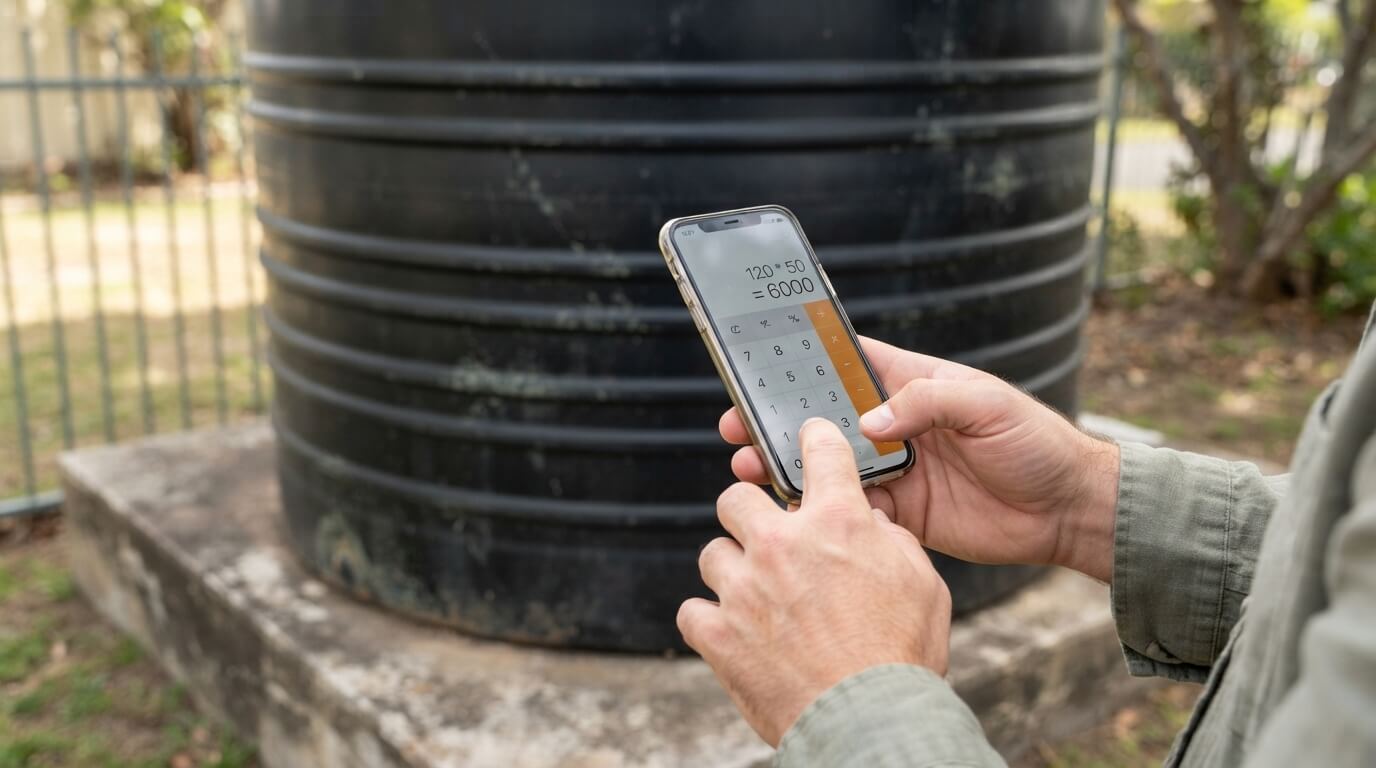 Person calculating household water usage on a phone next to a tank